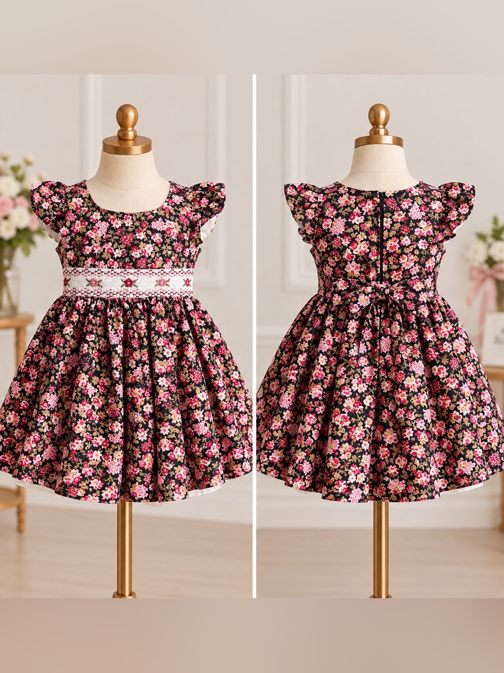 Bonnie Baby Girls 12M Floral Dress Black Pink Ruffle Sleeve Cotton Party
